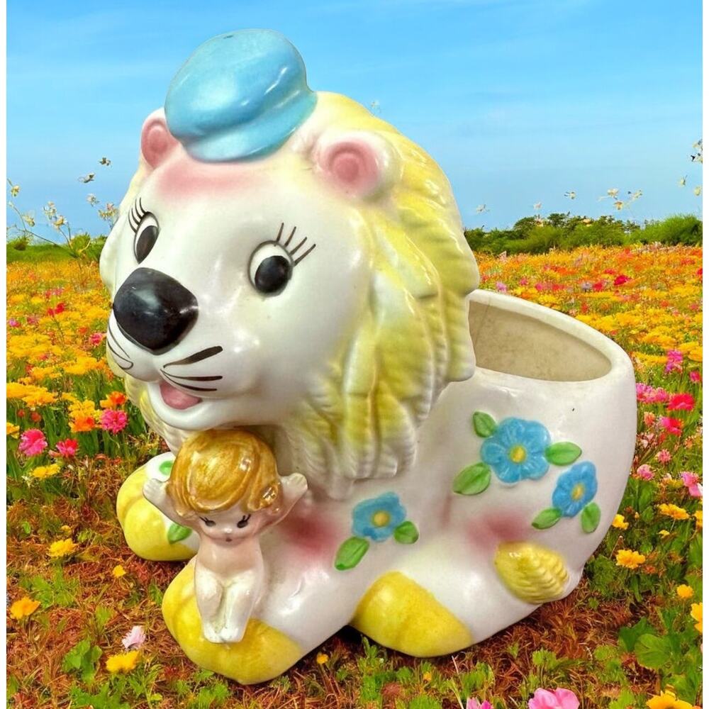 Napco VTG Napcoware Japan Lion & Baby Ceramic Antique Planter Anthropomorphic